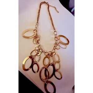 VTG Gold Tone Statement Necklace w/Textured Gold Metallic Geometric Rings